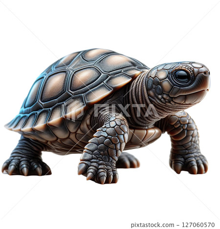 A turtle sculpture stands on a solid surface, highlighting intricate details and textures that resemble a real turtle. The artwork showcases the beauty of nature through craftsmanship 127060570