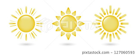 A set of sun icons. A set of bright sun icons with rays. Icons of yellow solar stars. 127060593