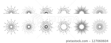 Icons of sun rays and sunsets on a white background. A sunbeam with lines, sunsets, fireworks. 127060604