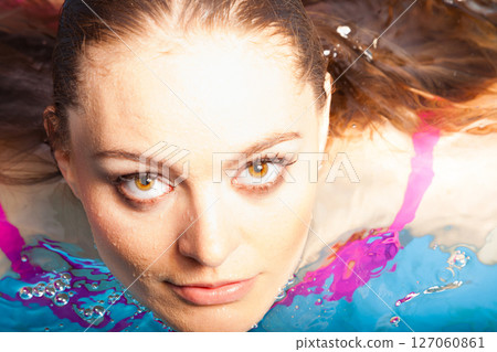 Woman having fun in swimming pool Woman having fun in swimming pool 127060861
