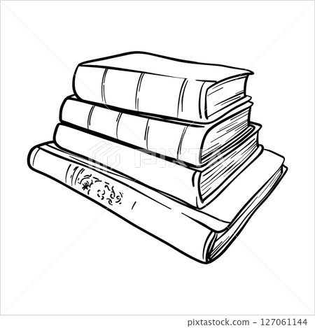 Black and white line drawing of a stack of four books. Hand drawn black and white vector illustration of books. Minimalistic sketch Book Stack in line art style 127061144