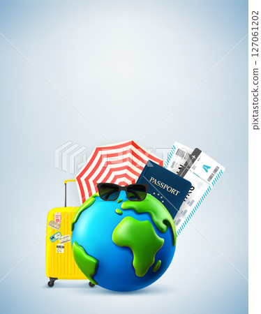 Summer travel concept with the Earth and travel elements. 3d banner with copy space 127061202
