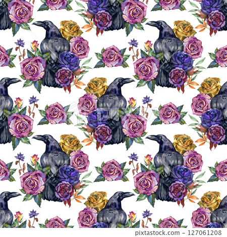 Watercolor vintage seamless pattern. Raven birds with roses. Halloween gothic seamless pattern with creepy birds and flowers in goth style. Watercolor spooky background for scary design 127061208