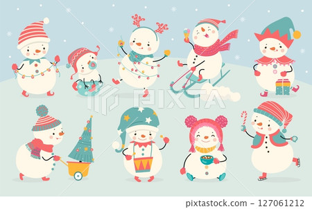 Funny snowman. Joyful snowmen sledding and skating, holding gifts and garlands. Winter mascots prepare to christmas and new year, nowaday vector set Funny snowman. Joyful snowmen sledding and skating, holding gifts and garlands. Winter mascots prepare to christmas and new year, nowaday vector set 127061212