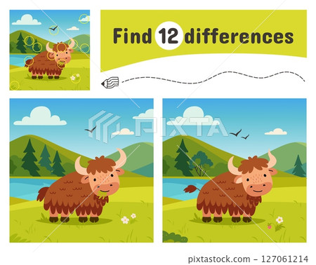 Find differences game. Children educational and development play with funny yak on green meadow. Cartoon nature landscape, nowaday vector template 127061214