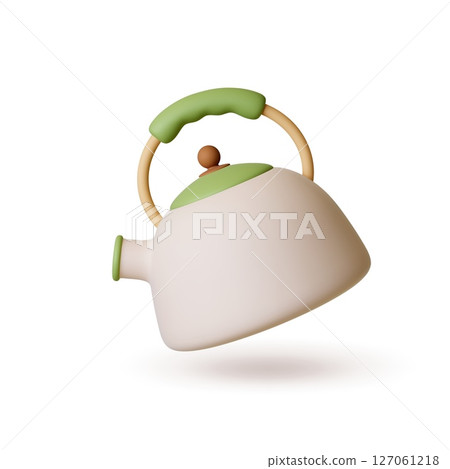 Whistling kettle 3d icon. Isolated teapot realistic rendering style. Kitchen device for boiling water for tea coffee and hot drinks, vector household appliance Whistling kettle 3d icon. Isolated teapot realistic rendering style. Kitchen device for boiling water for tea coffee and hot drinks, vector household appliance 127061218