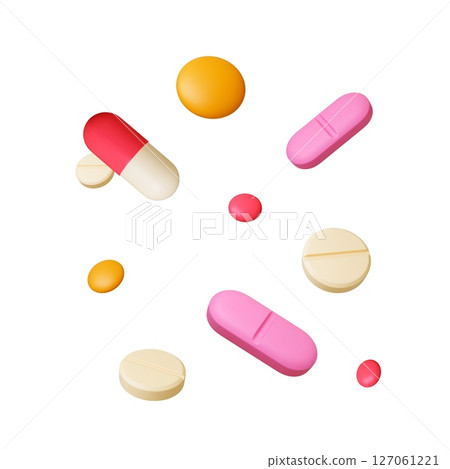 Medicine icons 3d rendering. Isolated realistic pills and capsules. Healthcare, treatment and disease. Pharmacy products, vitamins, vector set Medicine icons 3d rendering. Isolated realistic pills and capsules. Healthcare, treatment and disease. Pharmacy products, vitamins, vector set 127061221