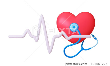 Medical 3d concept. Cardiology, heart rhythm line, red heart and stethoscope. Isolated realistic plastic style healthcare elements, vector design 127061223