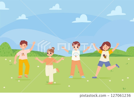 Happy cartoon children on green meadow. Sunny summer or spring day, outdoor playful kids. Boys and girls jumping, funny vector characters 127061236