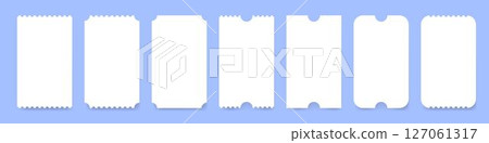 Set of white ticket mockups with ruffle edges and shadows. Small vertical empty templates. Concert, movie or theater ticket. Boarding blank, lottery, sale coupon 127061317