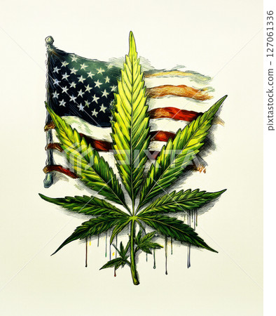 Generative AI fantasies about marijuana. Branch of medical cannabis against the backdrop of the US flag 127061336