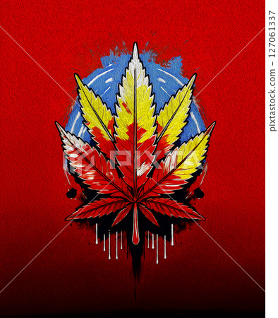 Generative AI fantasies about marijuana. A branch of medical cannabis in colors of Ukrainian flag 127061337