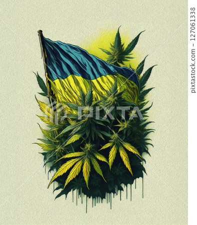 Generative AI fantasies about marijuana. Branch of medical cannabis in colors of the Ukrainian flag 127061338