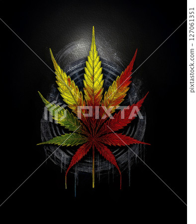 Fantasies AI generator on topic of marijuana. Branch of multicolored medical cannabis on a black background 127061351