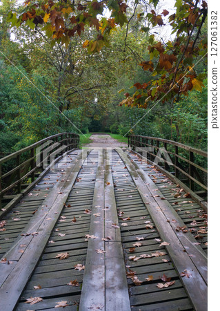 Wooden bridge across the river in the autumn park 127061382