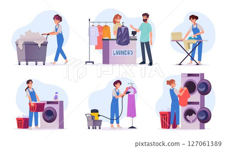 Laundry service. Male and female professional workers cleaning clothes exact vector cartoon set 127061389