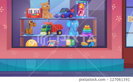Kids shop. Funny toys in children marketplace exact vector cartoon background illustration Kids shop. Funny toys in children marketplace exact vector cartoon background illustration 127061391