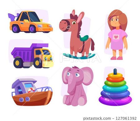Toys collection. Attraction items for kids exact vector playground elements for happy childrens colorful toys Toys collection. Attraction items for kids exact vector playground elements for happy childrens colorful toys 127061392