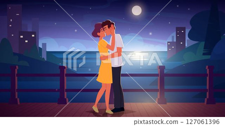 Lovers on street. Cartoon background with intimate kissing on street exact vector illustrations of relationship characters 127061396