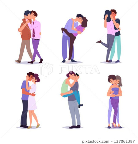 Couple kissing. Intimate relationship male and female characters in sensual sexy hugs and kissing lips exact vector cartoon people in action poses 127061397