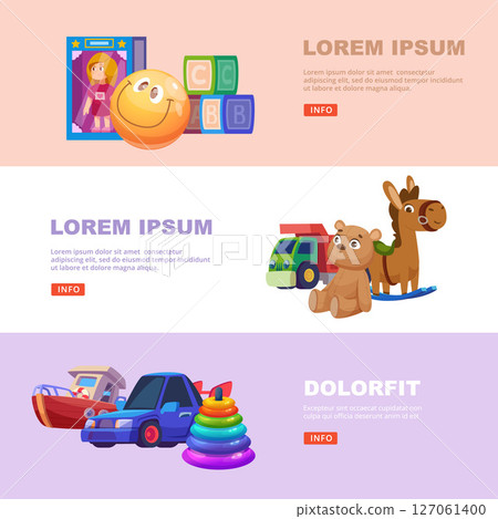 Toys banners. attraction for kids cartoon cars textile animals and dolls Toys banners. attraction for kids cartoon cars textile animals and dolls 127061400