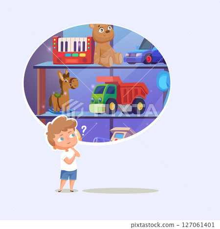 Toy store. happy boy standing near shop window with toys on shelves 127061401