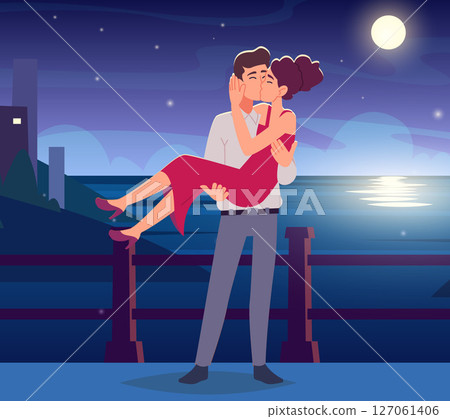 Kissing couple. lovers standing on moonlight landscape and kissing 127061406