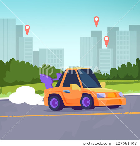 Cartoon car. yellow automobile in urban landscape Cartoon car. yellow automobile in urban landscape 127061408