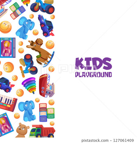 Background with toys. print design template for banners with different toys for kids playground 127061409
