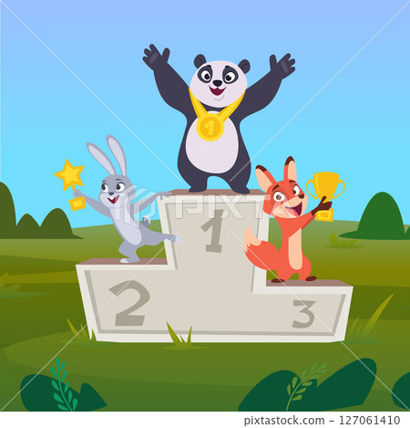 Animals winners. happy characters with sport awarding cups standing on pedestals Animals winners. happy characters with sport awarding cups standing on pedestals 127061410