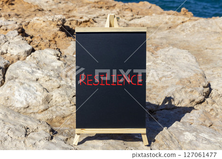 Resilience symbol. Concept word Resilience on beautiful chalk blackboard. Beautiful red stone and blue sky sea background. Business resilience concept. Copy space. 127061477