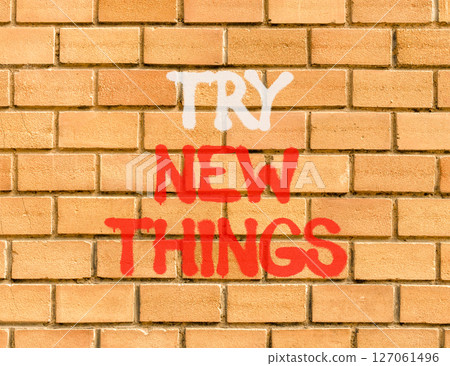 Try new things symbol. Concept words Try new things on beautiful brick wall . Beautiful brick wall background. Business motivational lifestyle try new things concept. Copy space. Try new things symbol. Concept words Try new things on beautiful brick wall . Beautiful brick wall background. Business motivational lifestyle try new things concept. Copy space. 127061496