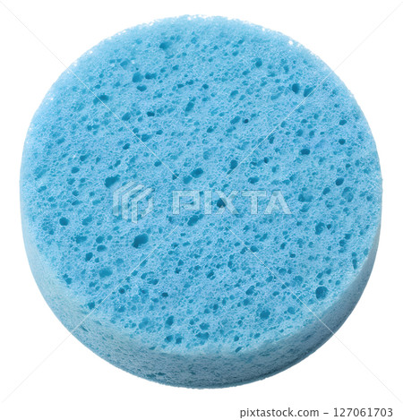 Blue circular sponge on transparent background, soft cleaning tool, round shape, foam texture, household item, water absorbent, hygiene product 127061703