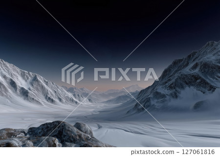 Fantasy alien frozen planet far from the star. Mountain and snow. 127061816
