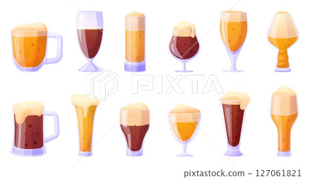 Cartoon beer glass. Different glasses beer, light and dark drinks with foam in special mugs. Oktoberfest symbols, light alcoholic beverages nowaday vector icons Cartoon beer glass. Different glasses beer, light and dark drinks with foam in special mugs. Oktoberfest symbols, light alcoholic beverages nowaday vector icons 127061821