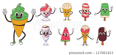 Ice cream retro characters. Groovy style funny food, positive creamy mascots in different poses. Creative popsicles, eskimo, waffle cones, nowaday vector set 127061823