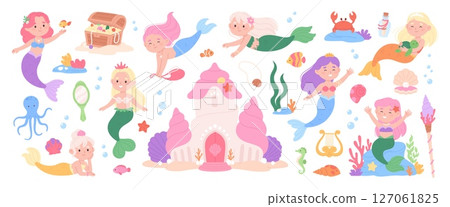 Cartoon mermaid and accessories. Underwater fairy tale elements, castle, chest with treasures, magic wand and mirror. Childish racy vector collection 127061825
