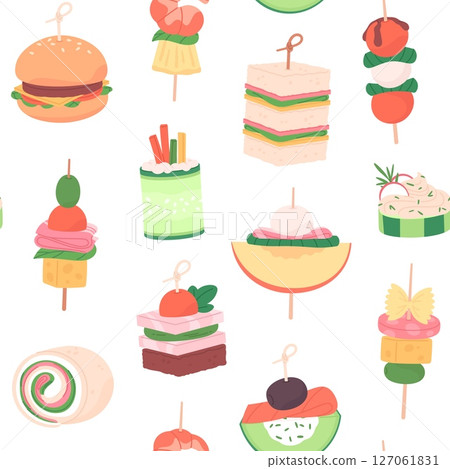 Finger food seamless pattern. Appetizers, tasty canape for buffet banquet or party. Burger sandwich roll with cheese. Print template, racy vector background 127061831
