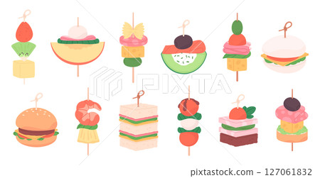 Cartoon canape. Appetizer with shrimp cheese vegetables fruits bread and bun. Mini burger and sandwich. Buffet or party style food, racy vector clipart Cartoon canape. Appetizer with shrimp cheese vegetables fruits bread and bun. Mini burger and sandwich. Buffet or party style food, racy vector clipart 127061832
