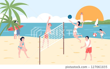 Friends playing beach volleyball. People group in swimsuits, active sport entertainment on seaside. Rest on sea or ocean, summer vacations recent vector scene 127061835
