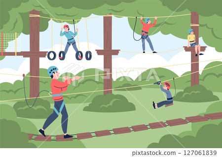 Rope park walking. Extreme entertainment attractions in forest. Outdoor fun family activity, sport climbing training. Weekend time on nature, recent vector scene 127061839