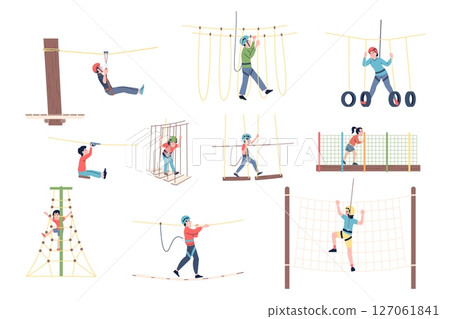 Rope park. People activity spend time in adventure nature park with different attractions. Family outdoor weekend entertainment and sport, recent vector scenes Rope park. People activity spend time in adventure nature park with different attractions. Family outdoor weekend entertainment and sport, recent vector scenes 127061841