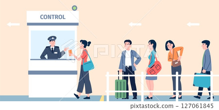 Passport control. Tourist with luggage on check point in airport or border. Officer in counter looking documents. People in waiting line, recent vector concept 127061845