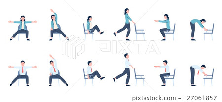 Office chair exercises. Male female managers showing different stretching with chairs. Training for back and neck pain due to sedentary lifestyle, recent vector set 127061857