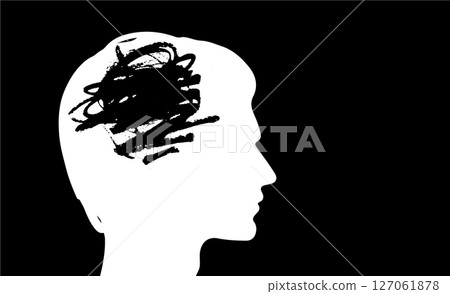 Silhouette of a Man Profile with Scribbles Inside His Head, Representing Mental Chaos, Creativity, and Abstract Thought 127061878