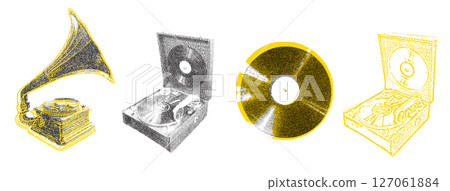 Vintage Stippling Illustration with a Photocopy Grainy Texture Depicting a Classic Gramophone, Vinyl Record, and Retro Turntable Vintage Stippling Illustration with a Photocopy Grainy Texture Depicting a Classic Gramophone, Vinyl Record, and Retro Turntable 127061884