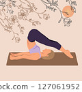 Young woman practicing yoga exercise, faceless style. Woman workout fitness, yoga studio, center poster. Plow pose. 127061952