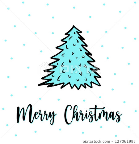 Christmas postcard with hand-drawn doodle tree and snowfall. Cute blue tree with festive typography. Concept winter holiday greeting, cheerful christmas postcard, minimalistic christmas postcard. 127061995