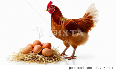 A Lohmann Brown hen with warm reddish brown feathers and distinctive white tail tips stands beside a nest of freshly laid eggs. 127062003
