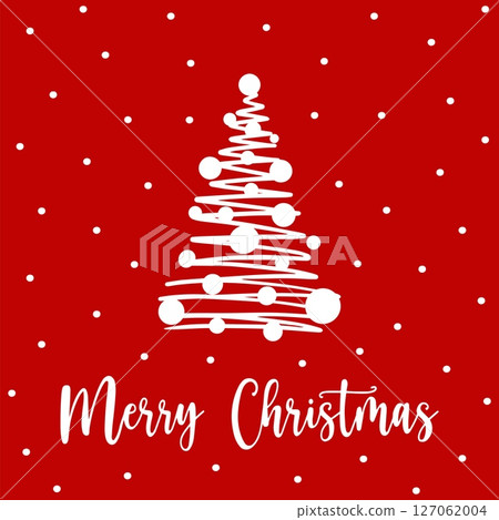 Xmas tree in doodle style for greeting card. Hand drawn fir tree with festive swirls and ornaments on red background. Concept fun and modern Xmas greeting card to send Merry Christmas wishes. Xmas tree in doodle style for greeting card. Hand drawn fir tree with festive swirls and ornaments on red background. Concept fun and modern Xmas greeting card to send Merry Christmas wishes. 127062004